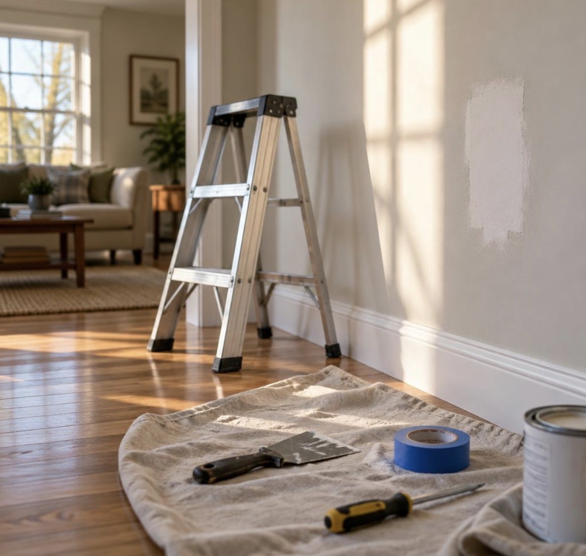 Freshly patched wall with ladder and tools